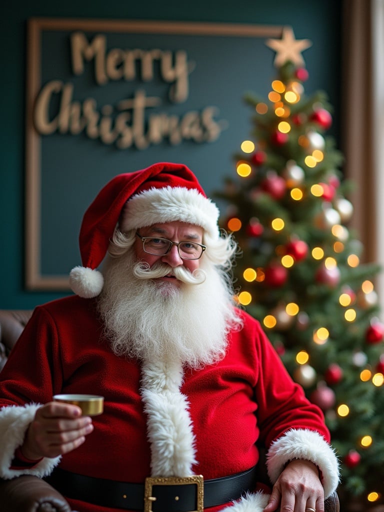 A jolly Santa Claus in a Christmas setting. Santa wears a classic red suit with white fur accents. He holds a small cup near a beautifully decorated Christmas tree. The background has a sign that reads Merry Christmas. The scene gives a warm festive vibe.