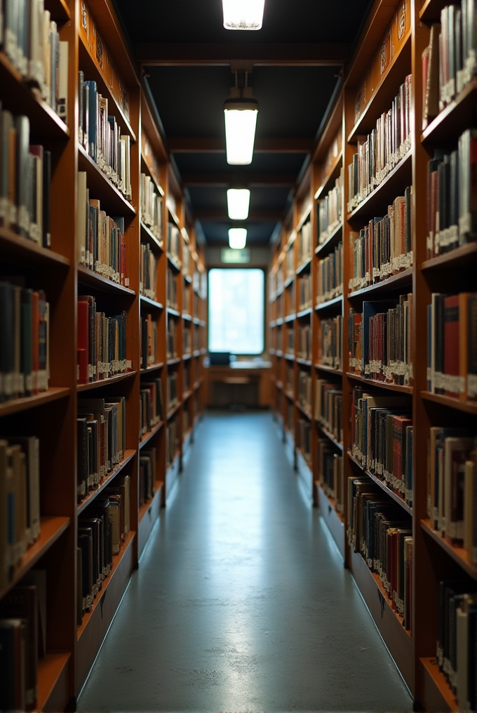 A brightly lit library aisle with orange bookshelves filled with books on either side, leading to a window at the end.