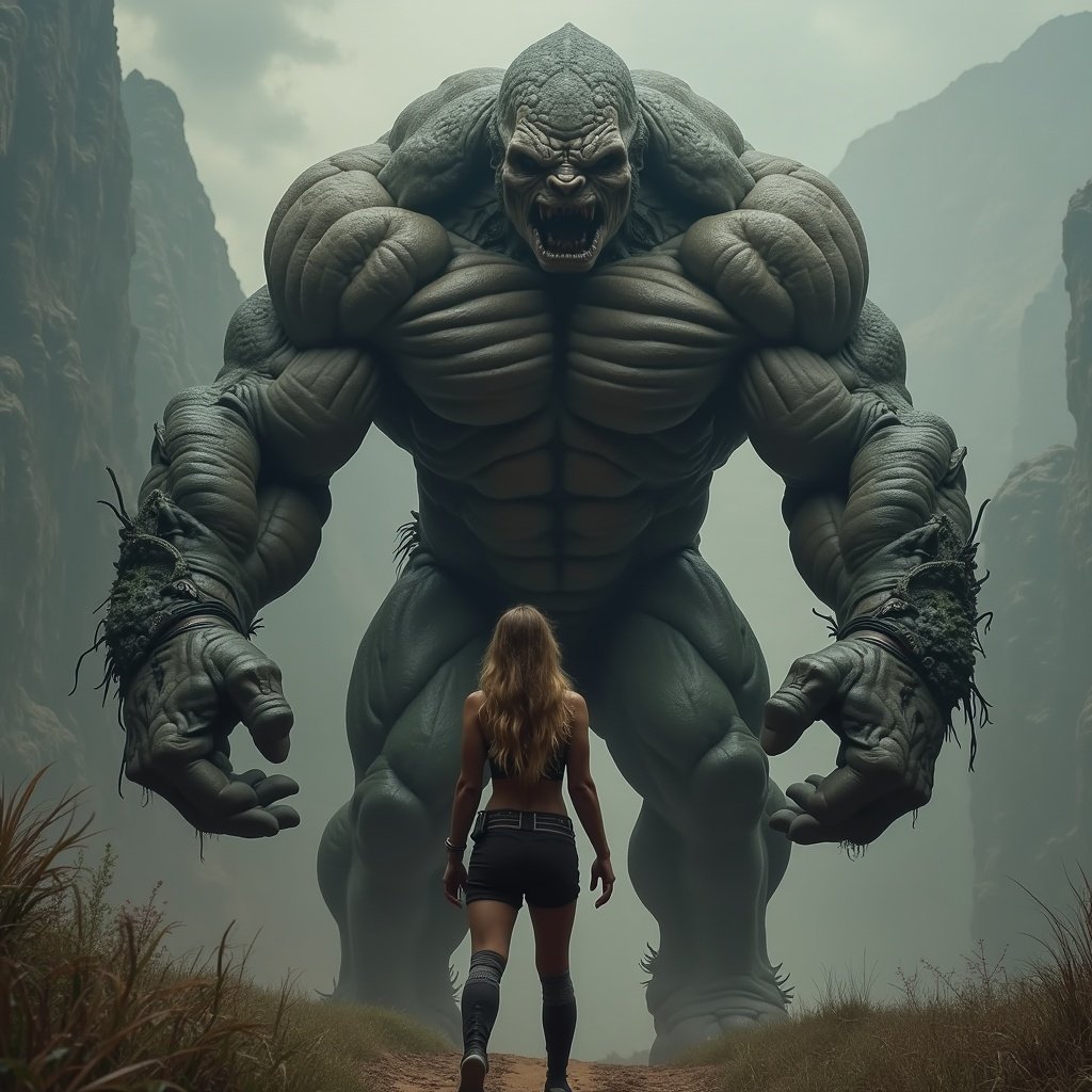 In a mystical setting, a woman stands in awe before a massive leviathan, towering over her with incredible muscle growth. The scene is shrouded in mist, enhancing the dramatic atmosphere of the encounter. The leviathan has a fierce expression, showcasing its power and dominance. The backdrop features steep, rugged mountains, lending to the otherworldly feel of the image. This striking visual encapsulates themes of strength and awe in the face of unimaginable power.