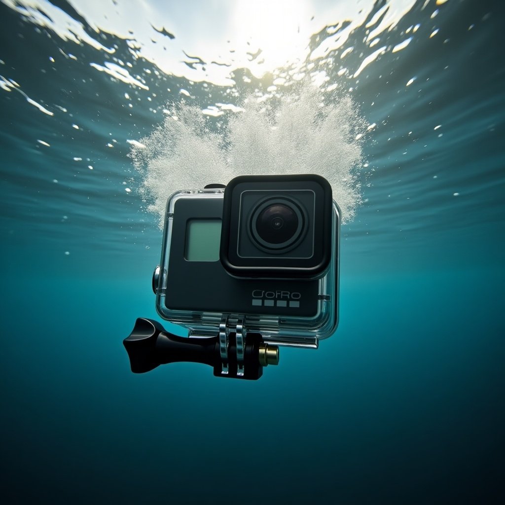 GoPro camera submerged in water. Words 'life' appear underneath. Clear blue background. Natural light shines from above.