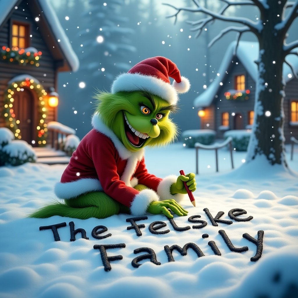 Grinch in a snowy landscape writing The Felske Family in snow. Grinch wears red and white Christmas outfit. Snowflakes falling around. Joyful expression. Warmly lit cottages in background. Creative scene representing holiday spirit.