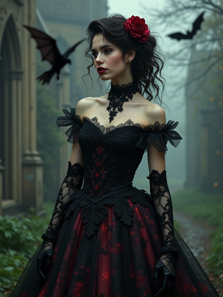 The image features a woman in a dramatic gothic gown. The gown is black with red lace detailing. She wears lace gloves and a red flower in her dark curly hair. The background includes gothic architecture and a bat flying nearby. The scene has a moody and enchanting atmosphere.