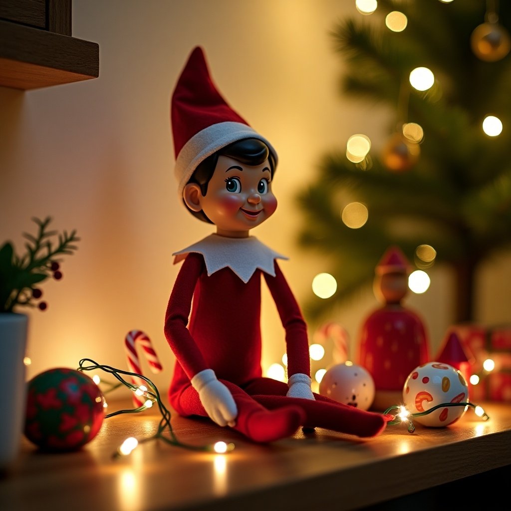 Image of an elf figurine on a shelf. The elf is dressed in red with a white collar sitting among festive decorations and twinkling fairy lights. Background features a Christmas tree with lights.