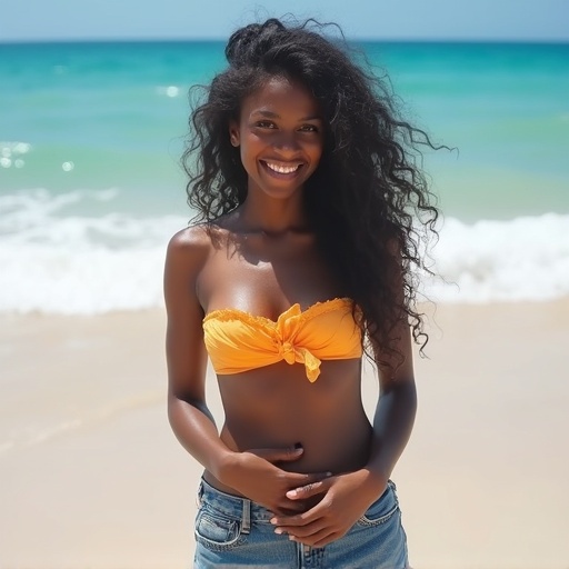 Beautiful Indian woman standing on the beach wearing a bandeau top and denim shorts. She has curly hair and a confident posture with hands resting on her hips. The background features a sunny coastal scene with the blue sea and white waves.