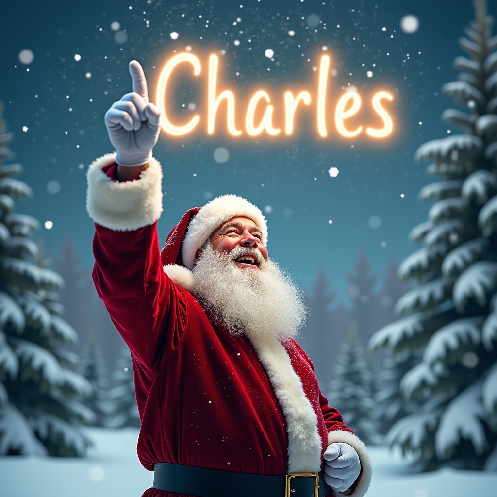 The image depicts a joyful Santa Claus in a winter wonderland. He is wearing his iconic red suit with white trim and a matching hat. Santa is pointing upward, as though he is magically writing 'Charles' in the sky. Snowflakes are gently falling around him, adding to the festive vibe. In the background, there are snowy trees that enhance the Christmas scene.