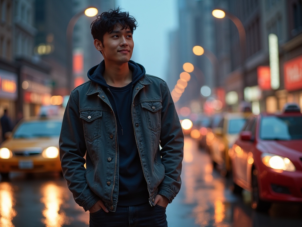 A young Asian man stands in a bustling evening city street. He wears a charcoal gray jacket with dark wash jeans. He gazes into the distance, reflecting city lights in his eyes. Taxis and metro sounds fill the air. Street lamps glow warmly on the rain-slicked pavement and passing cars. His tousled hair adds casual sophistication. Shimmering reflections create a vivid urban atmosphere.