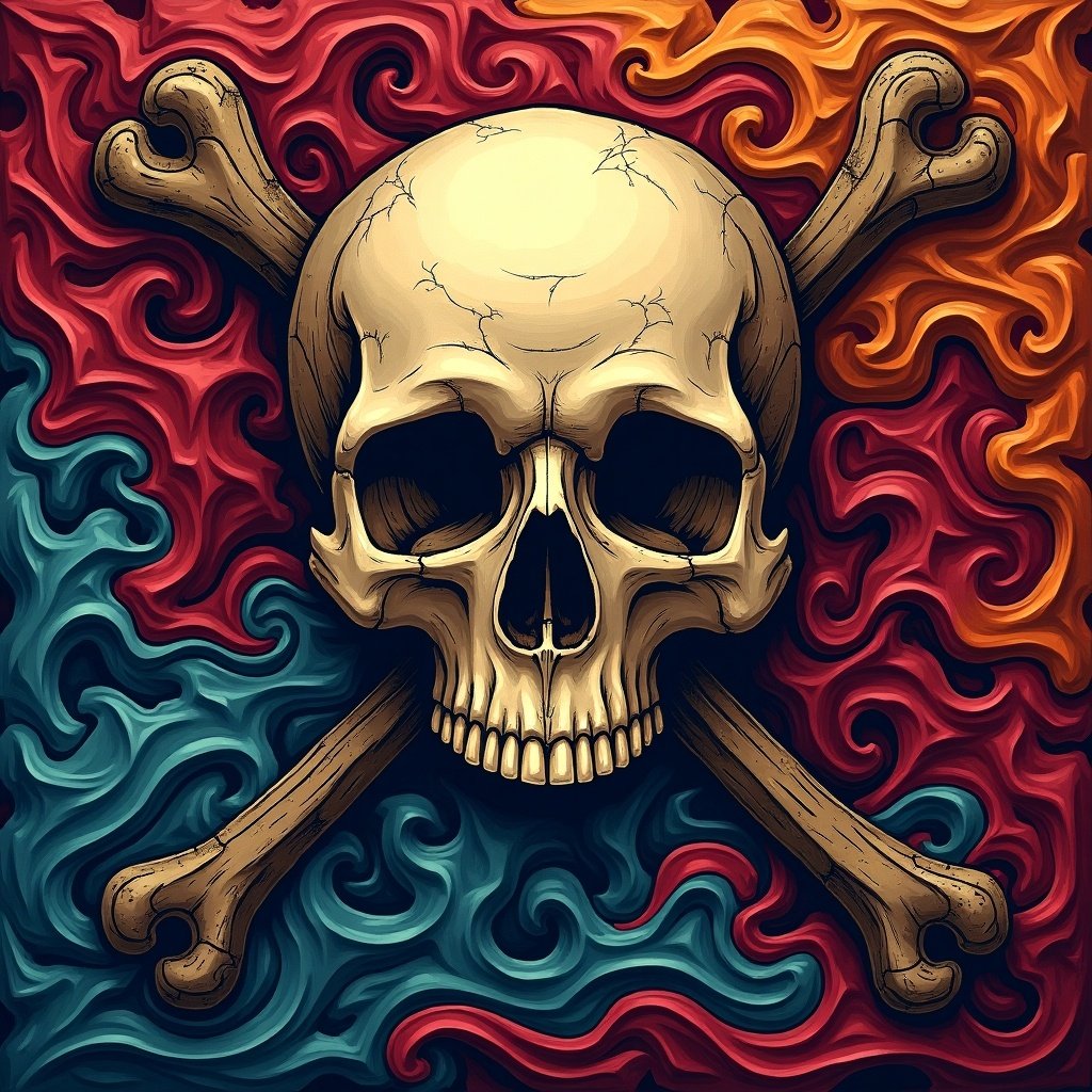 A pirate flag featuring a skull and crossbones surrounded by swirls of color representing wind.