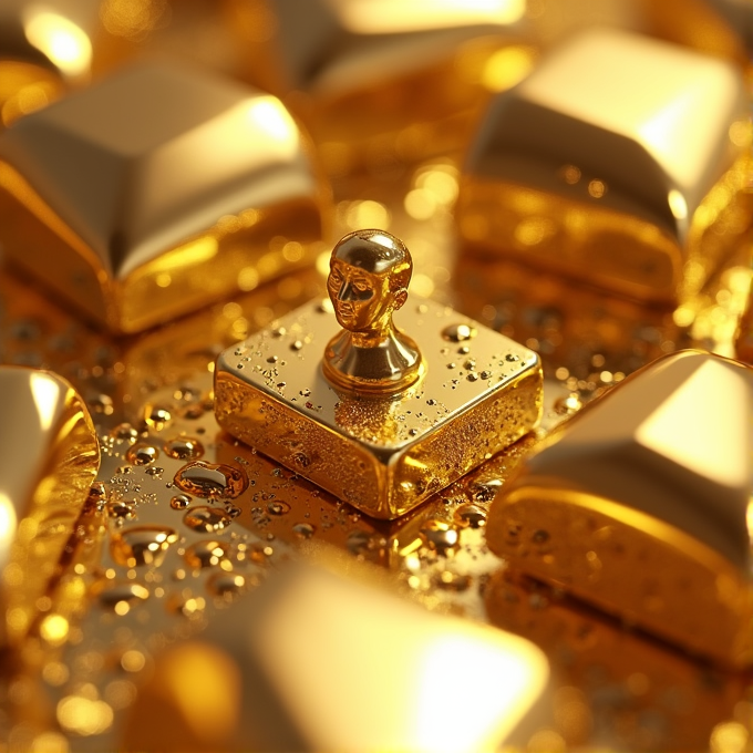 A close-up shot of golden cubes with a small gold human bust, surrounded by droplets of water, creating a luxurious and reflective scene.