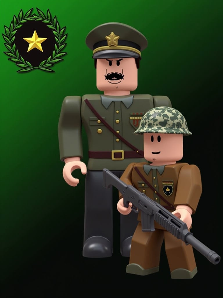 Image features two Roblox-style characters in military attire against a green and black gradient background. One character wears an officer’s uniform with a cap, while the other is dressed as a soldier holding a rifle. An emblem resembling a military badge is on the left side, enhancing the military theme.