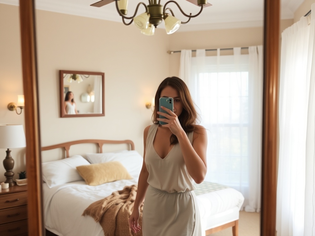 A woman takes a mirror selfie in a cozy, elegantly decorated bedroom filled with natural light.