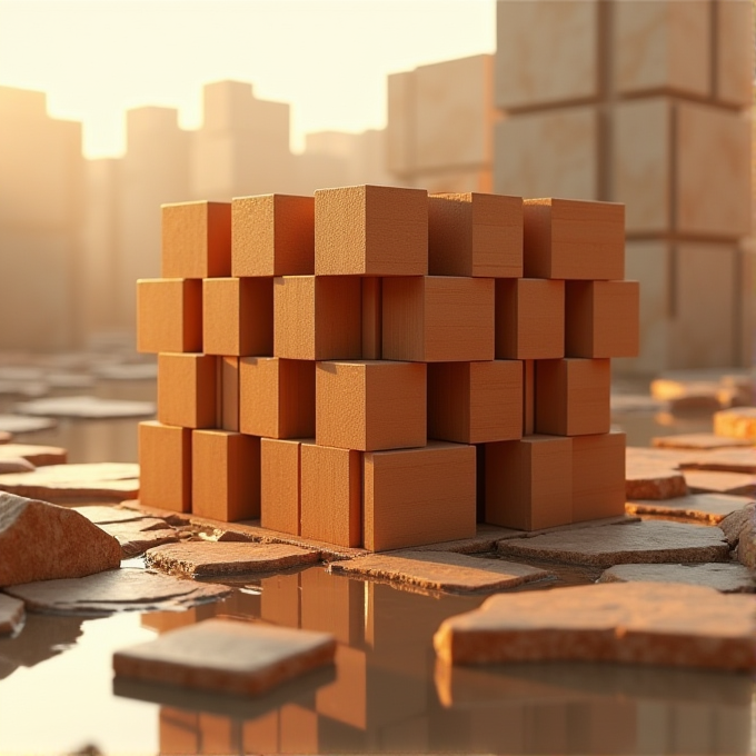 A stack of orange cubes sits on a reflective, watery surface with sunlight illuminating the scene.