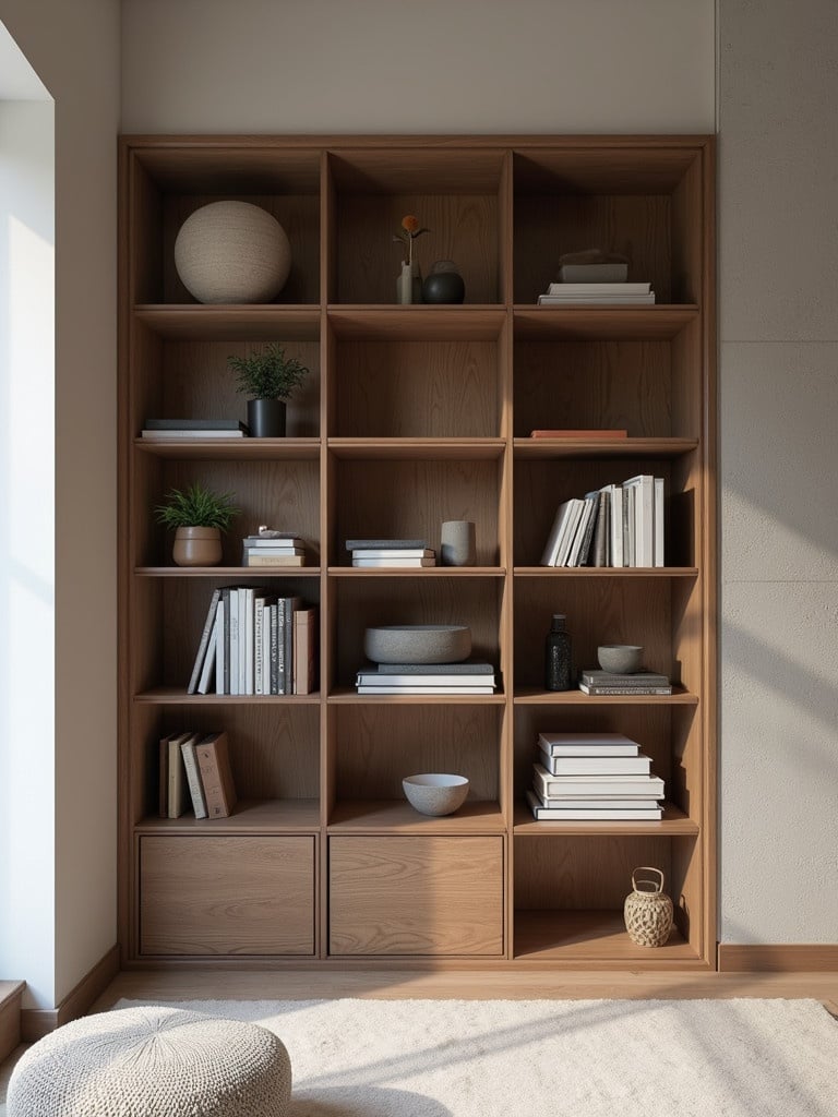 Book shelf design features a 300 cm width and 260 cm height. Non geometric style enhances a smooth interior look. The bookshelf is filled with books, plants, and decor items.