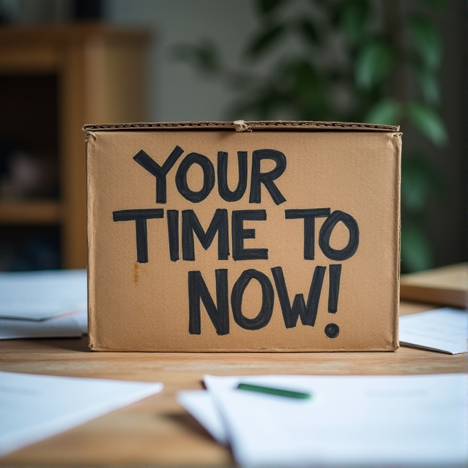 A cardboard box with the words 'YOUR TIME TO NOW!' in bold black letters sits on a cluttered wooden desk.