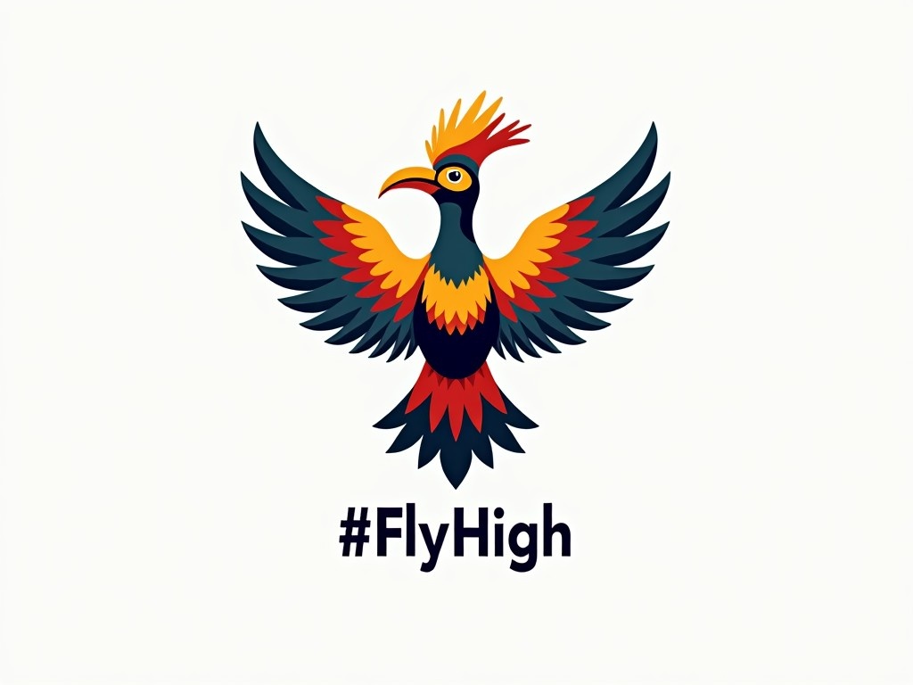 The image showcases a vibrant logo of a hornbill with outstretched wings. The design is colorful, featuring hues of red, yellow, green, and blue. Below the bird, there's a catchy caption, #FlyHigh, which conveys a message of aspiration and freedom. The overall look is modern and appealing, suitable for various eco-related themes. This logo is ideal for promotional initiatives in wildlife conservation or nature tourism.