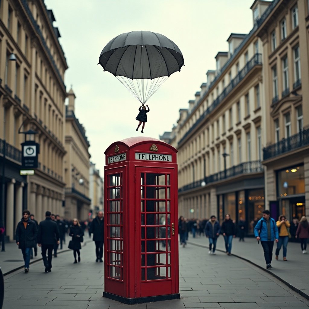 A red London telephone booth depicted with a person parachuting from it in a plaza. The scene captures a busy street with pedestrians walking.