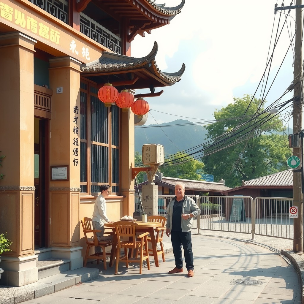 Two individuals enjoy a quiet moment outside a traditional Asian-style teahouse adorned with red lanterns and elegant architecture.