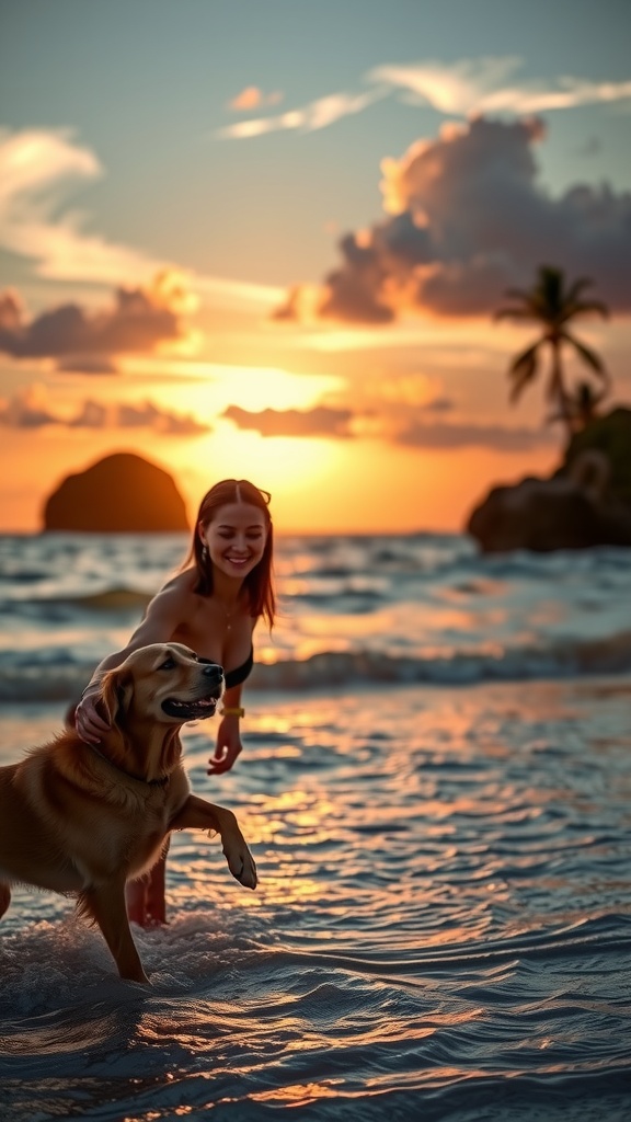 A joyful scene of a woman and her dog playing in the ocean at sunset.