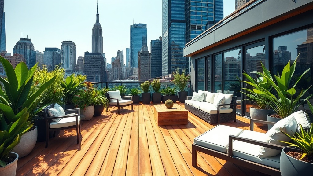 This image showcases a stylish rooftop terrace in a bustling cityscape. The wooden decking enhances the modern outdoor furniture, which is surrounded by lush potted plants. Towering skyscrapers in the background, including a tall, iconic landmark, contrast with the serene domestic setting, creating a blend of nature and urban life.