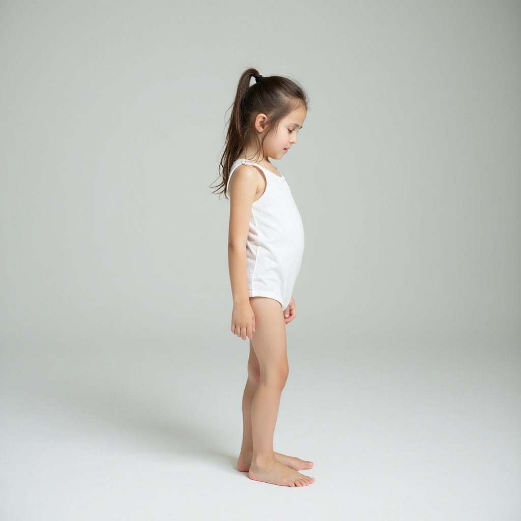 A girl stands barefoot and upright against a light gray background. She wears white underwear. The lighting is soft and even. The girl's pose is confident and relaxed. The style is minimalistic.