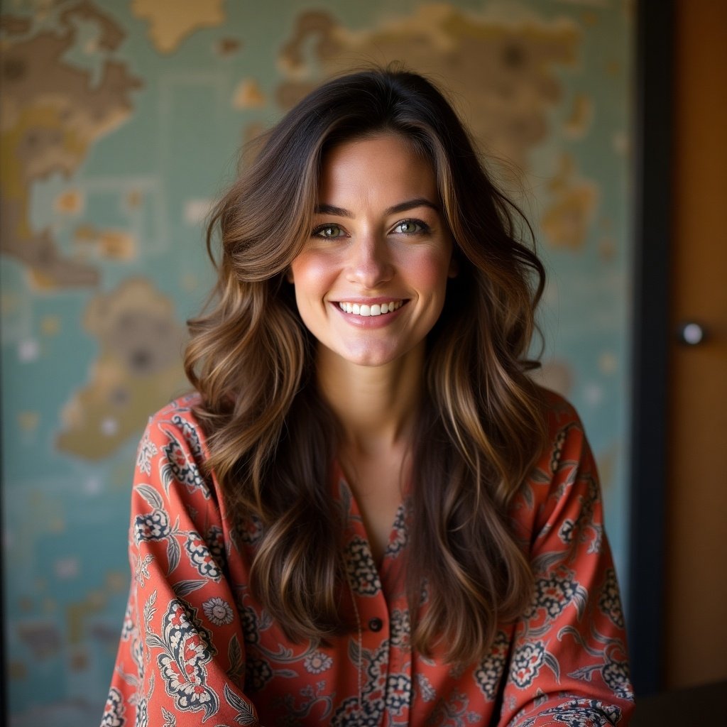 The image features a smiling young woman with long, wavy brown hair. She is wearing a patterned, earthy-toned shirt and is seated in front of a textured wall with a faded map design. Her bright smile and relaxed pose evoke a feeling of warmth and friendliness. The soft, natural lighting enhances the mood, creating an inviting atmosphere. This portrait can be used in various marketing and lifestyle contexts, highlighting themes of positivity and approachability.