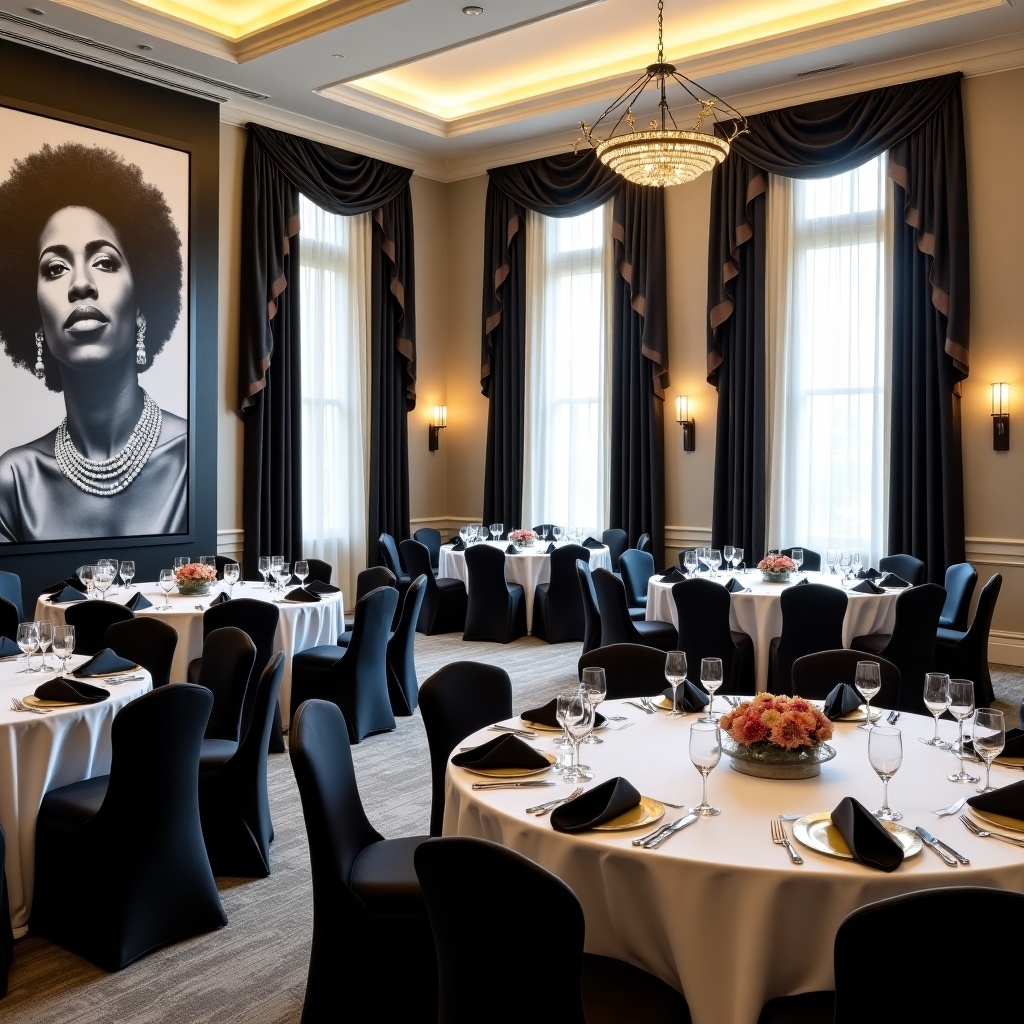 An elegant banquet room featuring a sophisticated setting with black and white drapes. The tables are adorned with crisp white linens and styled black napkins. Notably, there are large floor-to-ceiling black and white photographs showcasing African American graduates. The room is well lit with a beautiful chandelier that enhances the ambiance. Overall, it is designed for upscale events and celebrations.