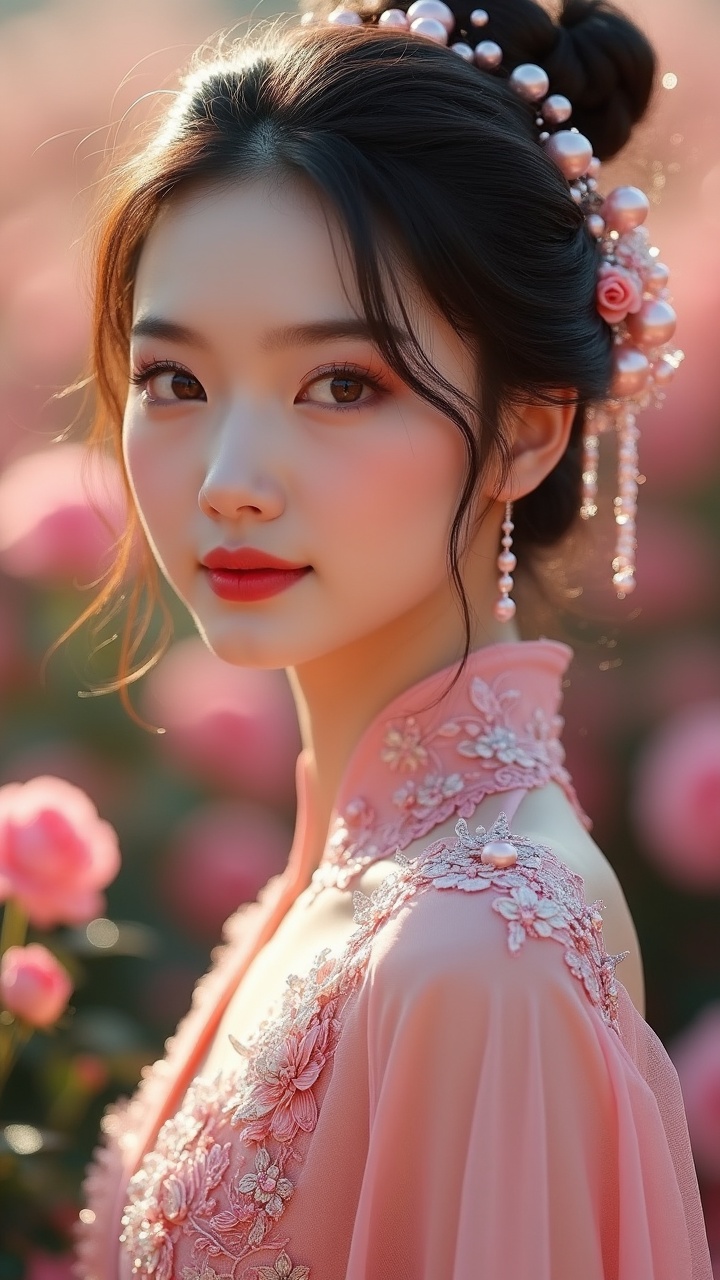 The image depicts a young woman adorned in an elegant, embroidered pink dress, standing amidst a lush field of blooming flowers. Her hair is styled with decorative hairpins featuring pearls and delicate flower motifs that complement her surroundings. The warm, gentle lighting enhances the softness of the scene, creating a harmonious and serene atmosphere.