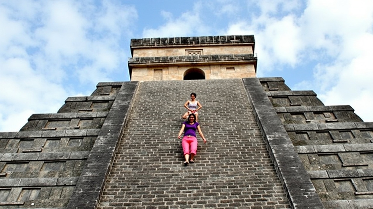 The image features the El Castillo pyramid, a prominent structure in Maya culture, viewed from below. Two people ascend the pyramid, one struggling on the steep terraced steps while the other gracefully climbs the middle stone staircase. The scene captures the contrast between the challenging climb and an easier ascent. The pyramid is made of large gray stones under a bright sky with puffy clouds. This setting is a popular tourist destination, showcasing ancient architecture and cultural significance.