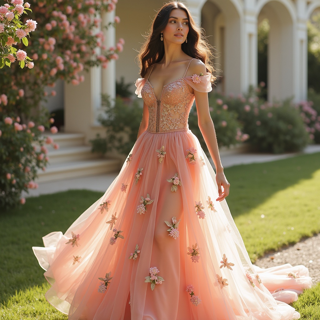 Spring themed dress not too gaudy couture design. Elegant floral details enhance the dress. Soft pastel colors create a delicate atmosphere. Wearer poses in a garden setting.