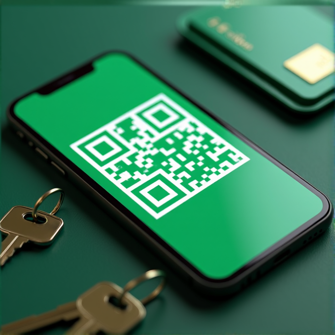 A smartphone displaying a QR code on its screen, lying on a green surface alongside a pair of keys and a credit card.