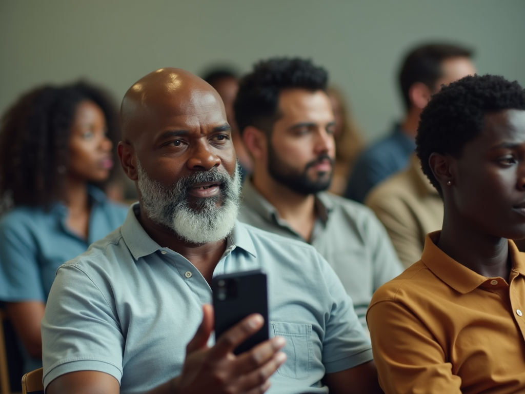 A diverse group of people attentively seated in an audience setting, with a focus on a bearded man holding a smartphone.