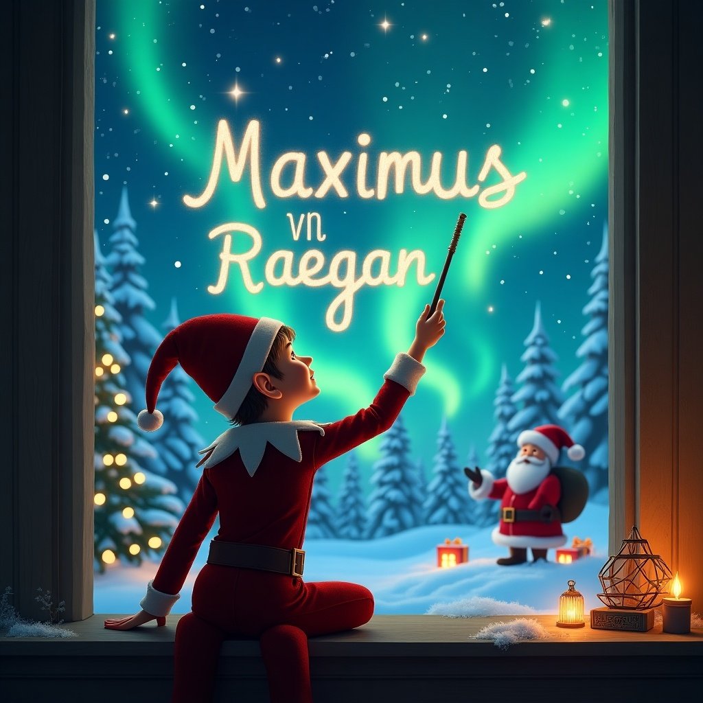 An enchanting Christmas scene featuring an Elf on the Shelf. The elf is positioned with its back facing the viewer, looking up towards the sky. Using a magic wand, the elf writes the name 'Maximus' in bright, shimmering letters across a backdrop of mesmerizing northern lights. In the distance, Santa Claus appears, adding to the whimsical atmosphere. The surrounding landscape is filled with snow-covered trees and festive decorations, bringing a sense of magic and joy to the setting. This image captures the essence of holiday cheer and wonder.