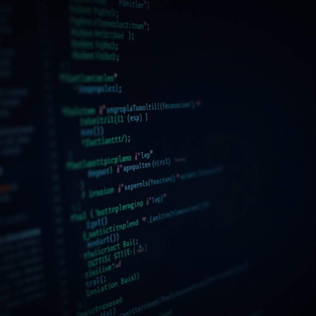 Close-up of a computer screen displaying lines of programming code in a dark environment.
