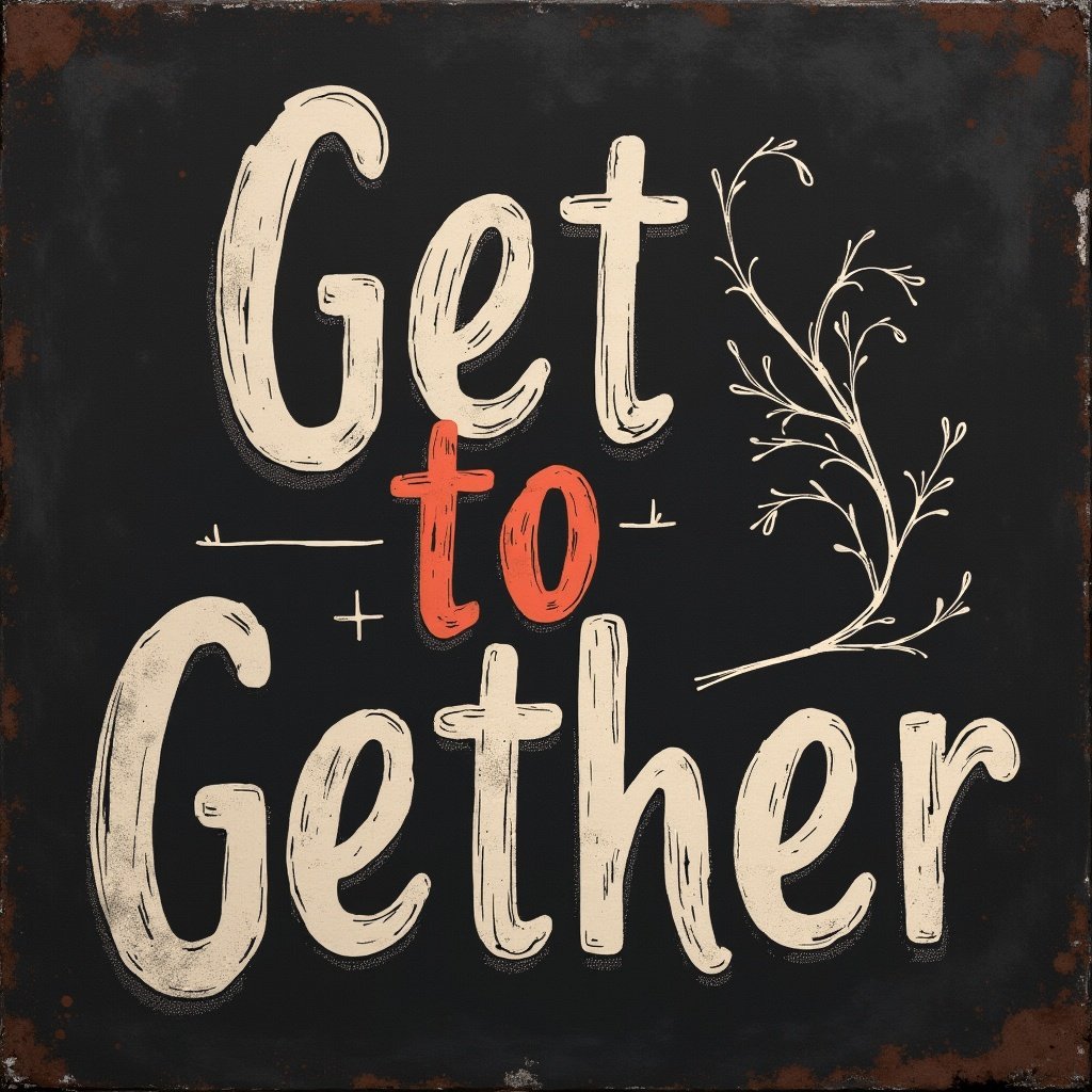 Text in a vintage style saying 'Get Together' in cream and red colors on a black background with decorative elements.