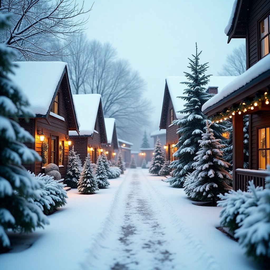 Snow-covered Christmas village scene. Christmas trees covered in snow. Wreaths hanging from houses. Evening setting with soft lights.