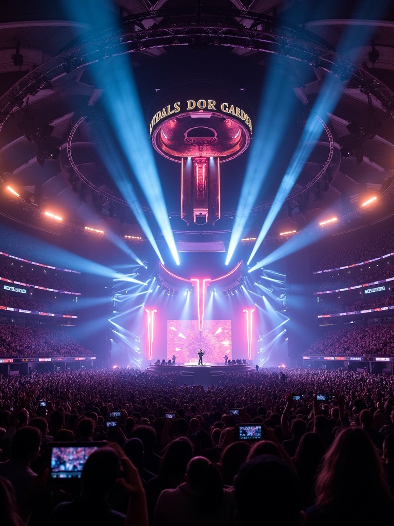 Travis Scott performing at Madison Square Garden. The stage features a 360-degree setup. A drone captures the view. The crowd is illuminated by vibrant lights