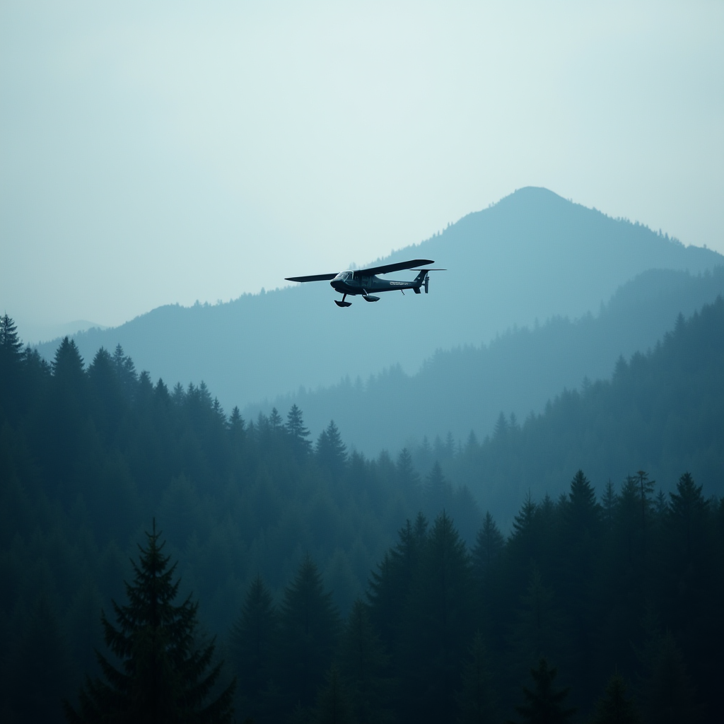 A small airplane flies over a misty forest with mountains silhouetted in the background.