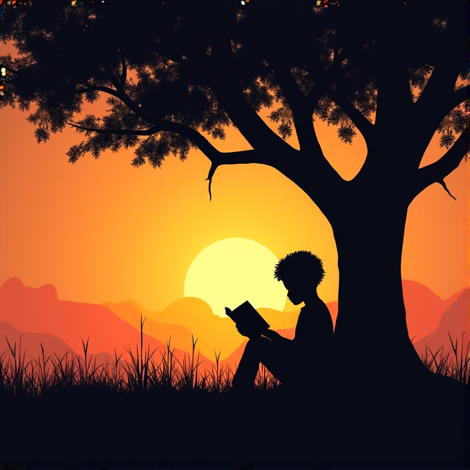 A silhouette of a person reading under a tree during sunset.