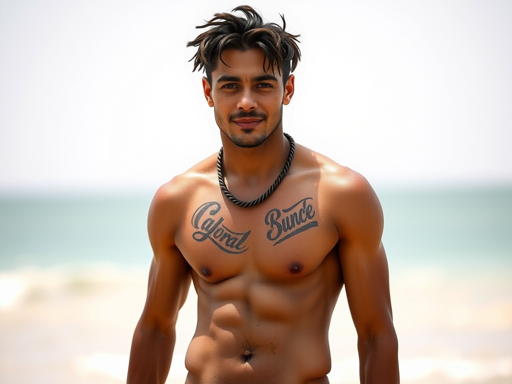 A shirtless man with tattoos confidently poses at the beach.