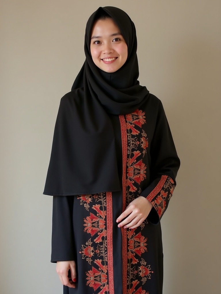 A person wearing traditional Malay attire. The outfit includes a hijab and Baju Kurung. The garment is black and features intricate floral patterns in red and gold. The background is neutral.