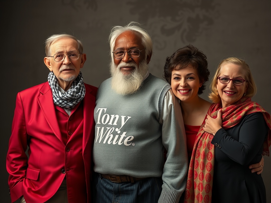 A group of four diverse individuals smiling warmly together.