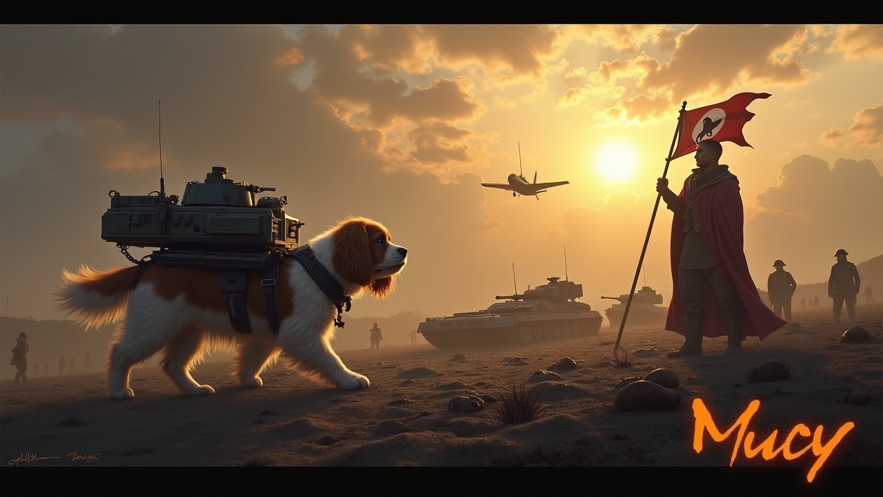 In a gloomy and dark setting, a fluffy brown and white cavalier king charles spaniel walks across a desolate battlefield. There is a tank turret strapped to its back. Nearby, a figure wearing a cloak stands valiantly holding a flag with a dog emblem. In the background are a multitude of small soldiers and tanks, barely visible among the shadows. The sky is lit by the bright radiance of the sun. A jet fighter passes overhead. We see the text 'Mucy' boldly displayed, in bright, fiery writing.