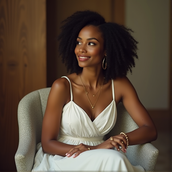 A woman in a white dress sits gracefully in a chair, smiling softly.