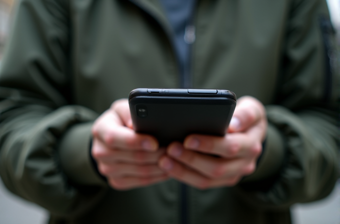 A person in a dark green jacket is holding and looking at a smartphone.