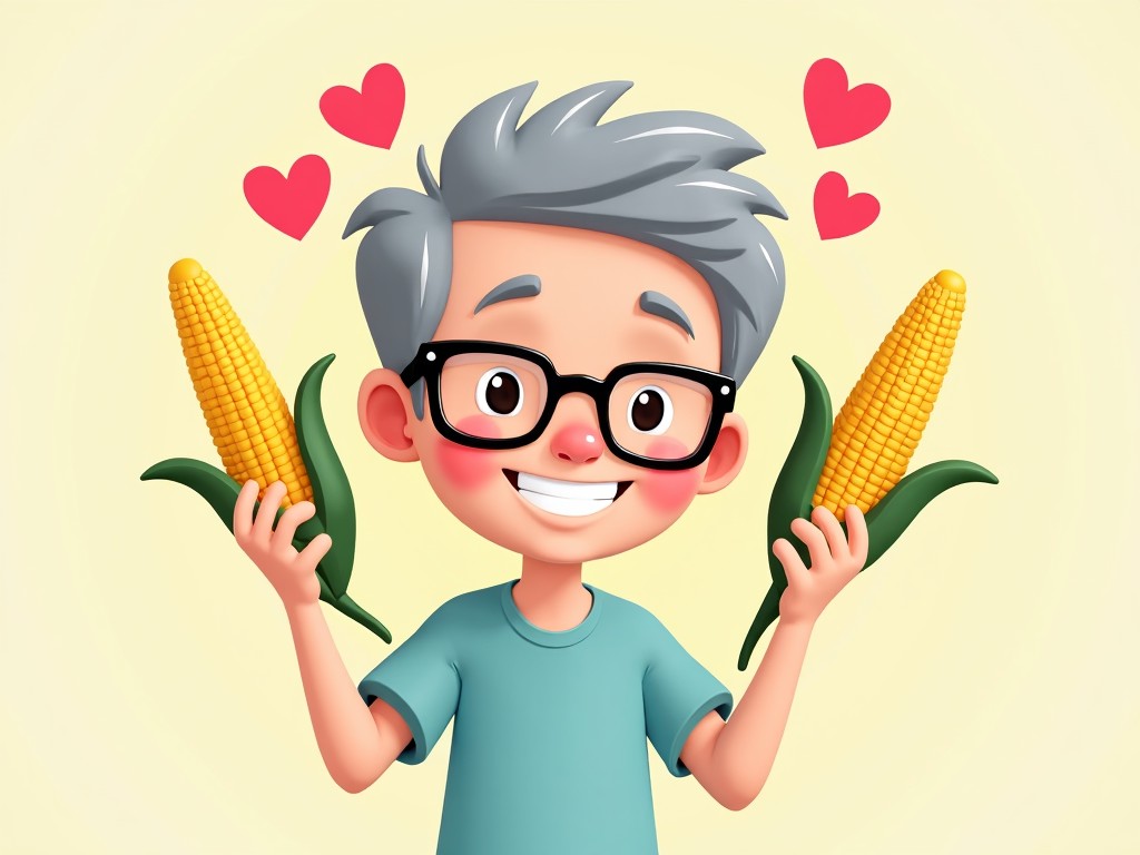 A cartoon illustration of a young character with grey hair and glasses, holding two ears of corn with hearts around them, exuding joy and happiness.