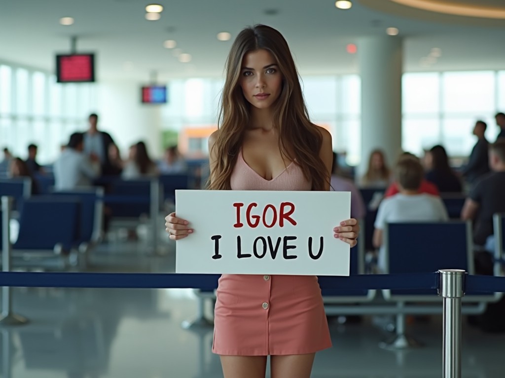 A stunning slim girl waits at the airport holding a sign. The sign reads 'IGOR I LOVE U' in bold red letters. She is dressed in a stylish miniskirt and a fitted top, capturing attention in the bustling airport environment. The background features other travelers, creating a sense of anticipation and excitement. The lighting is bright, highlighting her features and the vibrant colors of her outfit. This scene embodies love and longing in a public space.