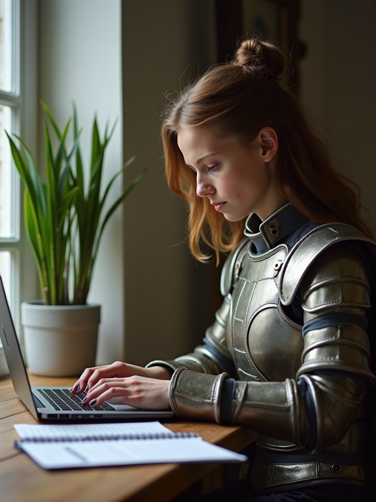 A woman in medieval armor types on a laptop beside a notebook, with a plant and natural light enhancing the serene atmosphere.