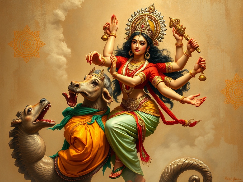 An artistic depiction of a multi-armed goddess riding a fantastical creature.