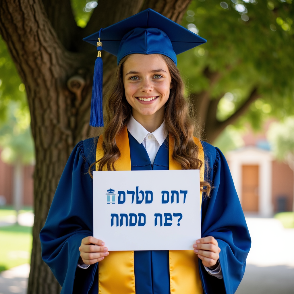 A woman in a blue cap and gown happily holds a sign with Hebrew text.