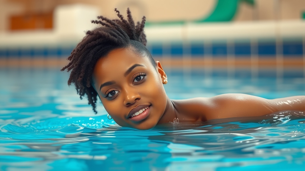 A person is joyfully swimming in a pool, with water reflecting a calming blue hue. Their relaxed expression and natural hairstyle add to the image's serene atmosphere. The background is subtly blurred, emphasizing the focus on their face and the gentle ripples around them.