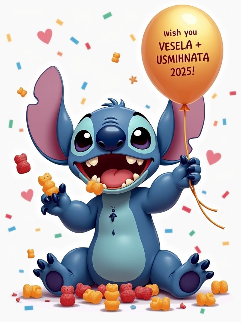 Cute blue alien character named Stitch with big ears and a joyful expression. Stitch is sitting and throwing gummy bears. His mouth is full of gummy bears. Confetti and gummy bears are in the air. He is holding a balloon that says 'Wish you VESELA + USMIHNATA 2025!'